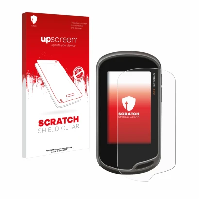 Parte frontale di una confezione del prodotto con il logo del marchio upscreen. Accanto è raffigurato il dispositivo Garmin Or