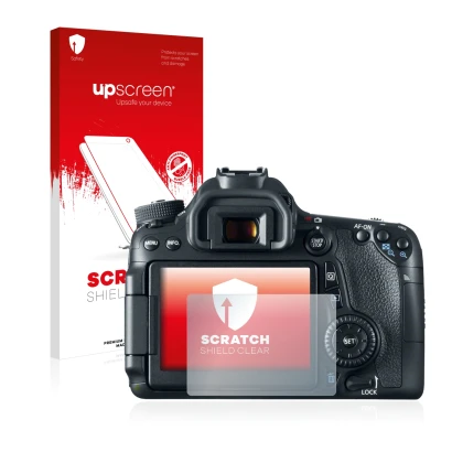 Parte frontale di una confezione del prodotto con il logo del marchio upscreen. Accanto è raffigurato il dispositivo Canon EOS
