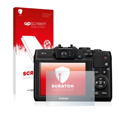 Parte frontale di una confezione del prodotto con il logo del marchio upscreen. Accanto è raffigurato il dispositivo Canon Pow