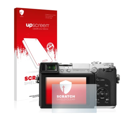 Parte frontale di una confezione del prodotto con il logo del marchio upscreen. Accanto è raffigurato il dispositivo Panasonic