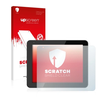 Parte frontale di una confezione del prodotto con il logo del marchio upscreen. Accanto è raffigurato il dispositivo BQ Curie