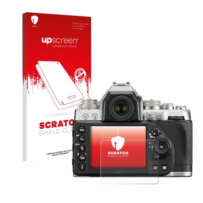 Parte frontale di una confezione del prodotto con il logo del marchio upscreen. Accanto è raffigurato il dispositivo Nikon Df