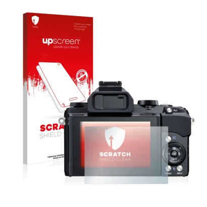 Parte frontale di una confezione del prodotto con il logo del marchio upscreen. Accanto è raffigurato il dispositivo Olympus S