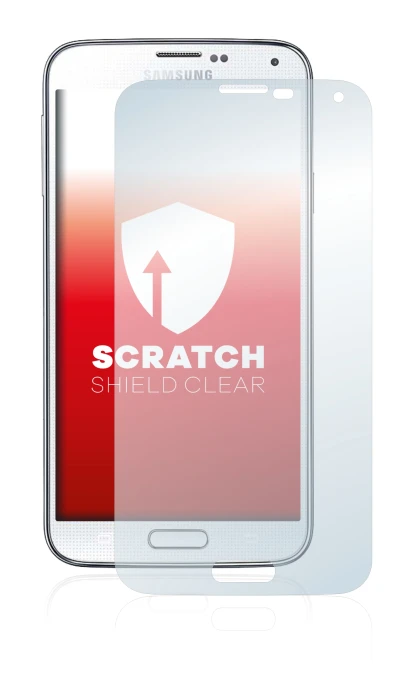 Immagine del dispositivo Samsung Galaxy S5 con un'ampia varietà di protezioni per lo schermo.