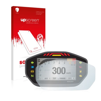 Parte frontale di una confezione del prodotto con il logo del marchio upscreen. Accanto è raffigurato il dispositivo Ducati Mo