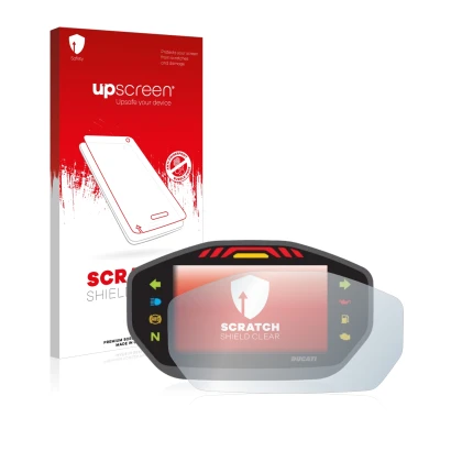 Parte frontale di una confezione del prodotto con il logo del marchio upscreen. Accanto è raffigurato il dispositivo Ducati Mo