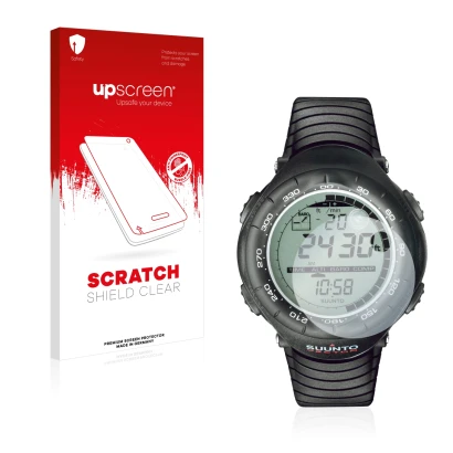 Parte frontale di una confezione del prodotto con il logo del marchio upscreen. Accanto è raffigurato il dispositivo Suunto Ve