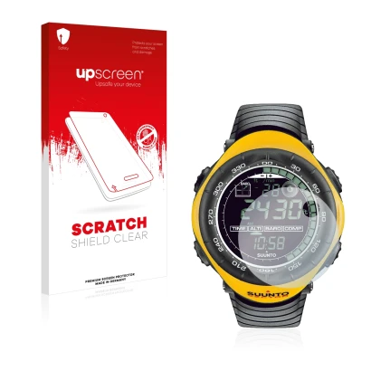 Parte frontale di una confezione del prodotto con il logo del marchio upscreen. Accanto è raffigurato il dispositivo Suunto Ve
