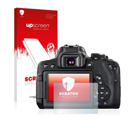 Parte frontale di una confezione del prodotto con il logo del marchio upscreen. Accanto è raffigurato il dispositivo Canon EOS