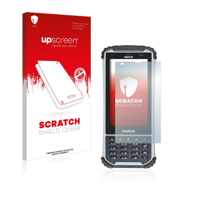 Parte frontale di una confezione del prodotto con il logo del marchio upscreen. Accanto è raffigurato il dispositivo Handheld