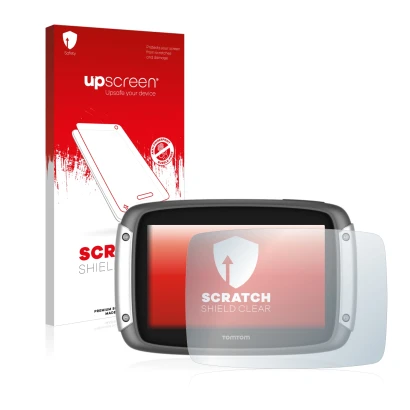Parte frontale di una confezione del prodotto con il logo del marchio upscreen. Accanto è raffigurato il dispositivo TomTom Ri