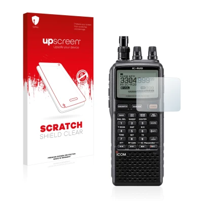 Parte frontale di una confezione del prodotto con il logo del marchio upscreen. Accanto è raffigurato il dispositivo Icom IC-R