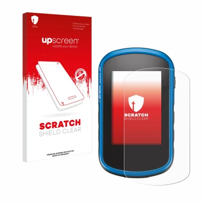 Parte frontale di una confezione del prodotto con il logo del marchio upscreen. Accanto è raffigurato il dispositivo Garmin eT