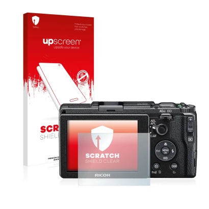Parte frontale di una confezione del prodotto con il logo del marchio upscreen. Accanto è raffigurato il dispositivo Ricoh GR