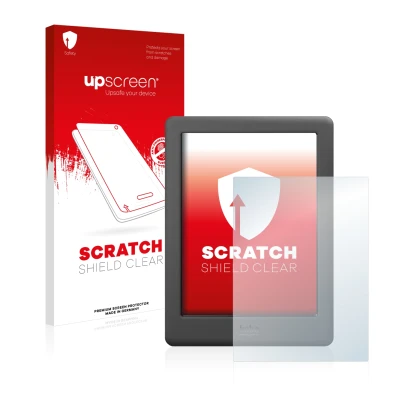 Parte frontale di una confezione del prodotto con il logo del marchio upscreen. Accanto è raffigurato il dispositivo Kobo Glo 