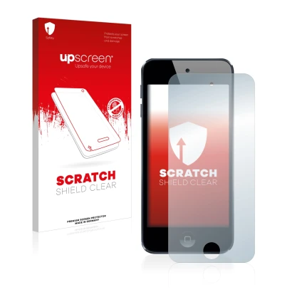 Parte frontale di una confezione del prodotto con il logo del marchio upscreen. Accanto è raffigurato il dispositivo Apple iPo