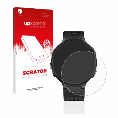 Parte frontale di una confezione del prodotto con il logo del marchio upscreen. Accanto è raffigurato il dispositivo Garmin Fo
