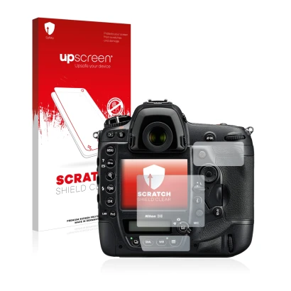 Parte frontale di una confezione del prodotto con il logo del marchio upscreen. Accanto è raffigurato il dispositivo Nikon D5