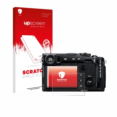 Parte frontale di una confezione del prodotto con il logo del marchio upscreen. Accanto è raffigurato il dispositivo Fujifilm