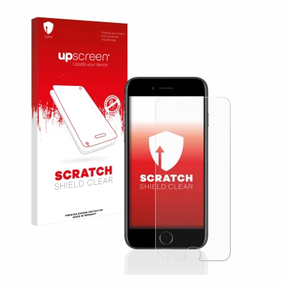 Parte frontale di una confezione del prodotto con il logo del marchio upscreen. Accanto è raffigurato il dispositivo Apple iPh