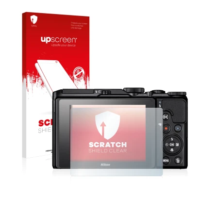 Parte frontale di una confezione del prodotto con il logo del marchio upscreen. Accanto è raffigurato il dispositivo Nikon Coo