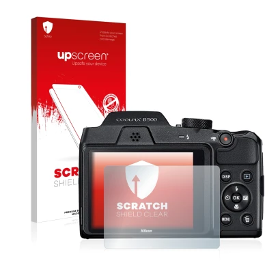 Parte frontale di una confezione del prodotto con il logo del marchio upscreen. Accanto è raffigurato il dispositivo Nikon Coo