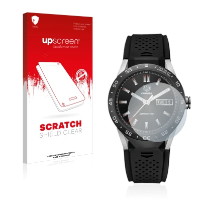 Parte frontale di una confezione del prodotto con il logo del marchio upscreen. Accanto è raffigurato il dispositivo TAG Heuer