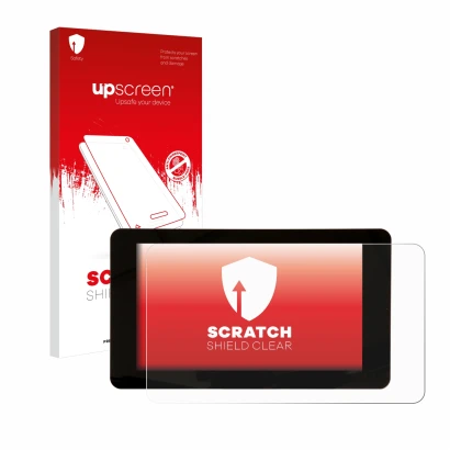 Parte frontale di una confezione del prodotto con il logo del marchio upscreen. Accanto è raffigurato il dispositivo Raspberry