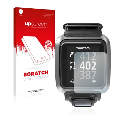 Parte frontale di una confezione del prodotto con il logo del marchio upscreen. Accanto è raffigurato il dispositivo TomTom Go