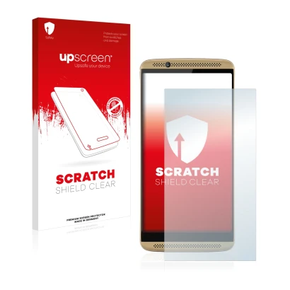 Parte frontale di una confezione del prodotto con il logo del marchio upscreen. Accanto è raffigurato il dispositivo ZTE Axon