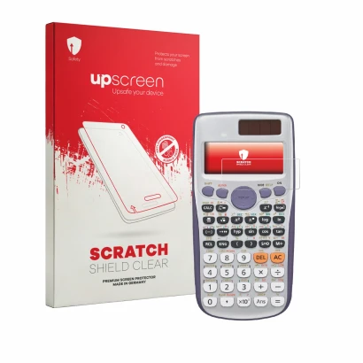 Parte frontale di una confezione del prodotto con il logo del marchio upscreen. Accanto è raffigurato il dispositivo Casio FX-