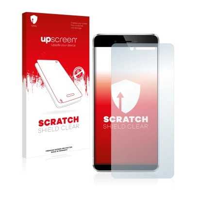 Parte frontale di una confezione del prodotto con il logo del marchio upscreen. Accanto è raffigurato il dispositivo Vernee Ma