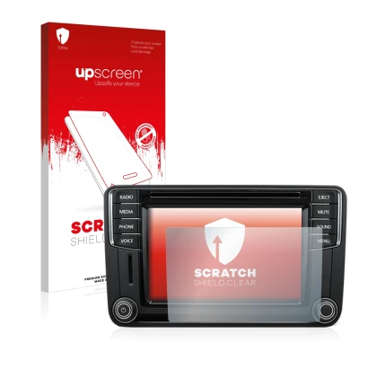 Parte frontale di una confezione del prodotto con il logo del marchio upscreen. Accanto è raffigurato il dispositivo Volkswage