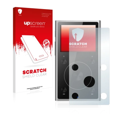Parte frontale di una confezione del prodotto con il logo del marchio upscreen. Accanto è raffigurato il dispositivo FiiO X1 I