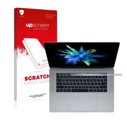 Parte frontale di una confezione del prodotto con il logo del marchio upscreen. Accanto è raffigurato il dispositivo Apple Mac