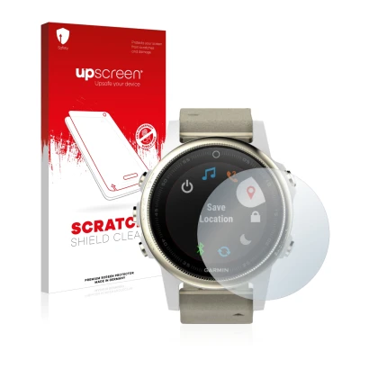 Parte frontale di una confezione del prodotto con il logo del marchio upscreen. Accanto è raffigurato il dispositivo Garmin Fe