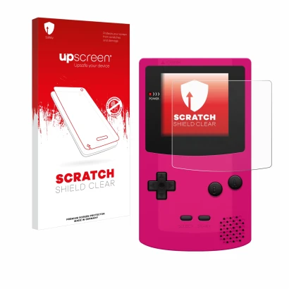 Parte frontale di una confezione del prodotto con il logo del marchio upscreen. Accanto è raffigurato il dispositivo Nintendo 