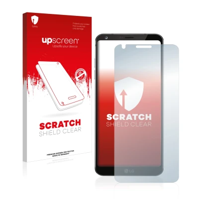 Parte frontale di una confezione del prodotto con il logo del marchio upscreen. Accanto è raffigurato il dispositivo LG G6 con