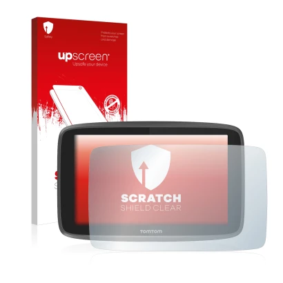 Parte frontale di una confezione del prodotto con il logo del marchio upscreen. Accanto è raffigurato il dispositivo TomTom Go