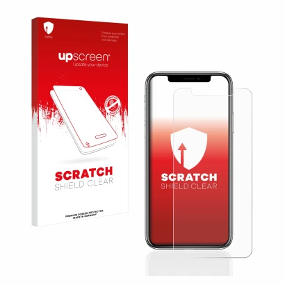 Parte frontale di una confezione del prodotto con il logo del marchio upscreen. Accanto è raffigurato il dispositivo Apple iPh
