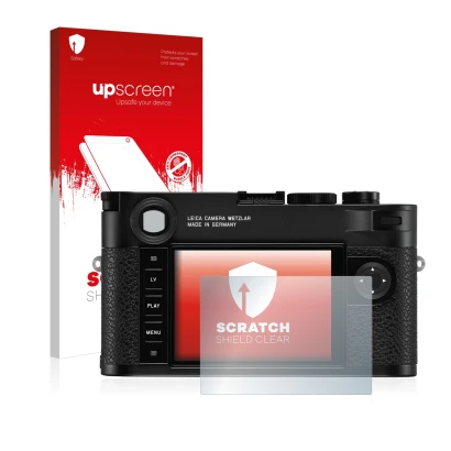 Parte frontale di una confezione del prodotto con il logo del marchio upscreen. Accanto è raffigurato il dispositivo Leica M10