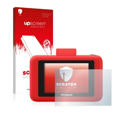 Parte frontale di una confezione del prodotto con il logo del marchio upscreen. Accanto è raffigurato il dispositivo Polaroid 