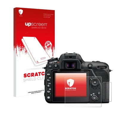 Parte frontale di una confezione del prodotto con il logo del marchio upscreen. Accanto è raffigurato il dispositivo Nikon D75