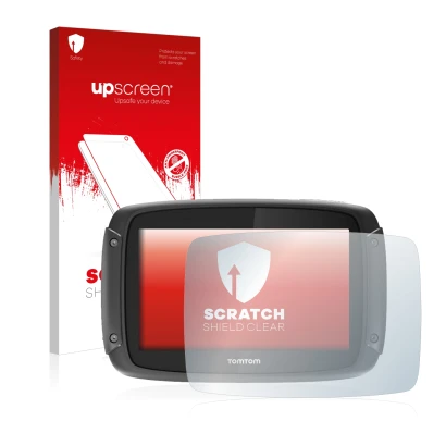 Parte frontale di una confezione del prodotto con il logo del marchio upscreen. Accanto è raffigurato il dispositivo TomTom Ri