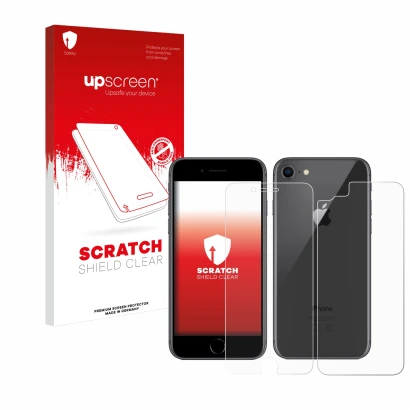 Parte frontale di una confezione del prodotto con il logo del marchio upscreen. Accanto è raffigurato il dispositivo Apple iPh