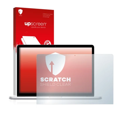 Parte frontale di una confezione del prodotto con il logo del marchio upscreen. Accanto è raffigurato il dispositivo Apple Mac