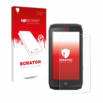 Parte frontale di una confezione del prodotto con il logo del marchio upscreen. Accanto è raffigurato il dispositivo Crosscall