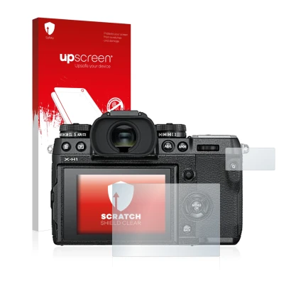 Parte frontale di una confezione del prodotto con il logo del marchio upscreen. Accanto è raffigurato il dispositivo Fujifilm 