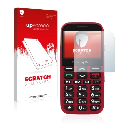 Parte frontale di una confezione del prodotto con il logo del marchio upscreen. Accanto è raffigurato il dispositivo Doro Prim