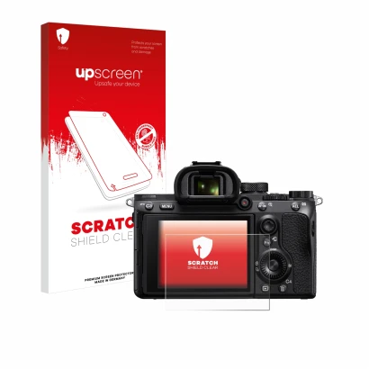 Parte frontale di una confezione del prodotto con il logo del marchio upscreen. Accanto è raffigurato il dispositivo Sony Alph